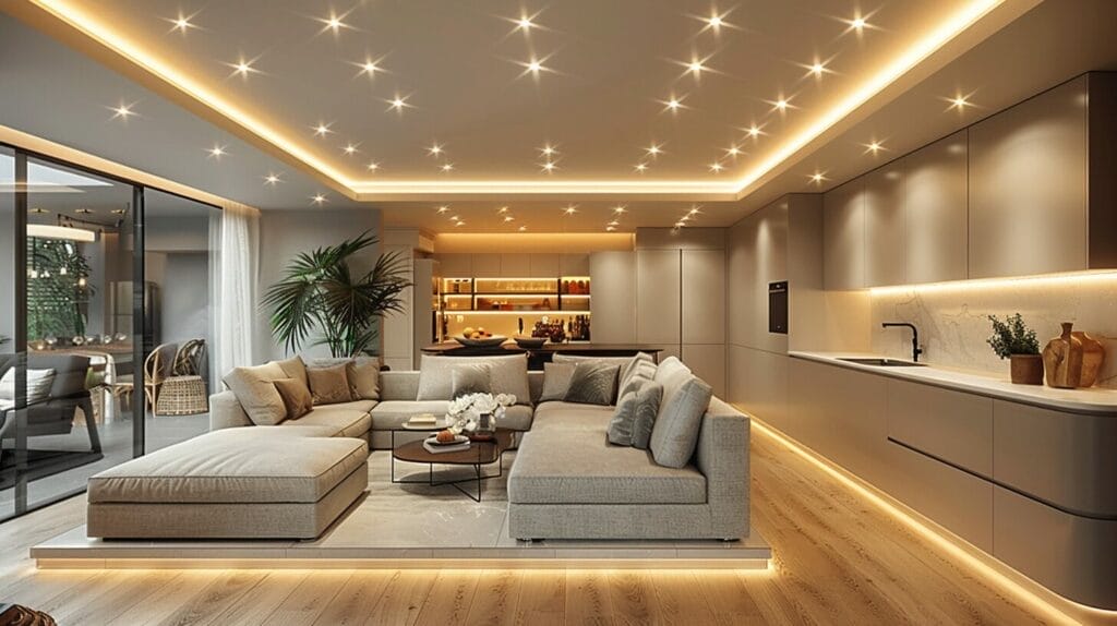 Room illuminated evenly by versatile indoor LED flood lights, shadows eliminated.