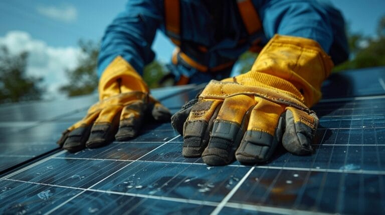 Solar panel installation guide with hands and tools on a sunny rooftop.