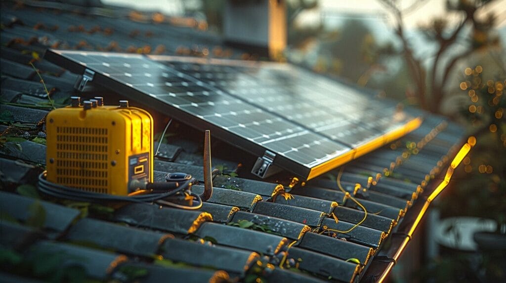 Solar panels on rooftop connected to a deep cycle battery with indicators.