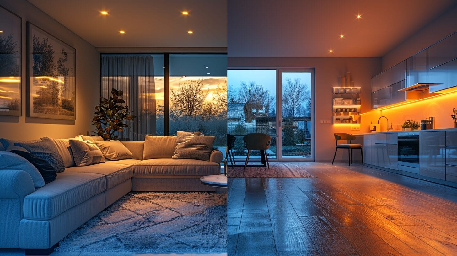 Split-screen of living room and kitchen under different lighting, warm and vibrant.