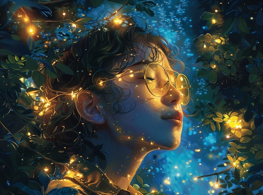 Starlit sky, lush greenery, person with tinted eyeglasses