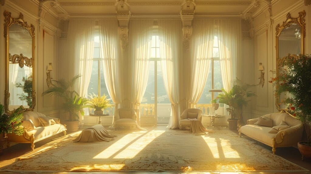 Sunlit cozy room with glossy furniture, mirrors, and sheer curtains reflecting light.