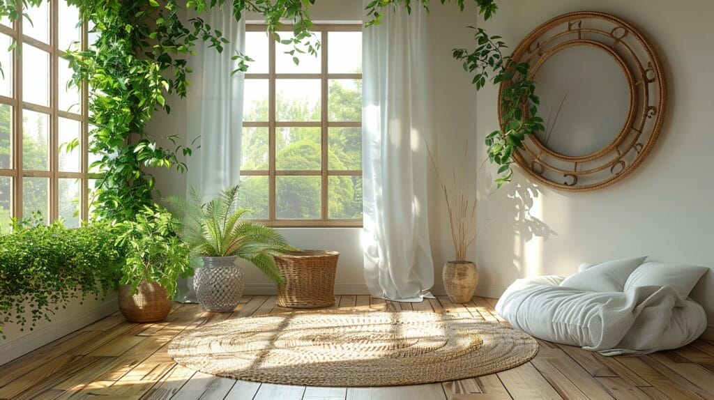 Sunlit room with light walls, white curtains, and green plants, enhanced by mirror reflections.