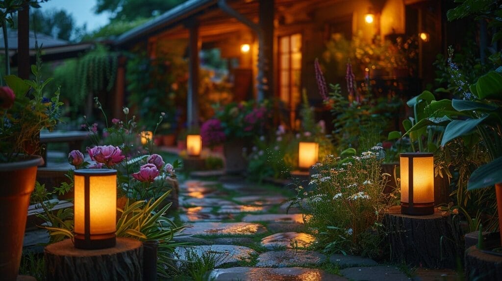 Tranquil garden at dusk with DIY solar lights and colorful flowers.