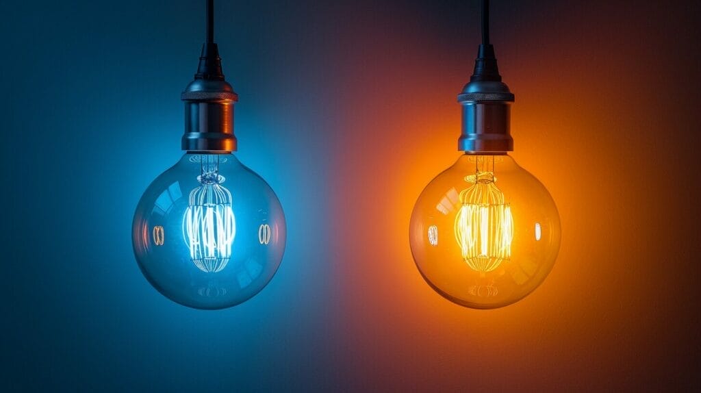 Two light bulbs displaying contrasting bright white and daylight hues on neutral background.