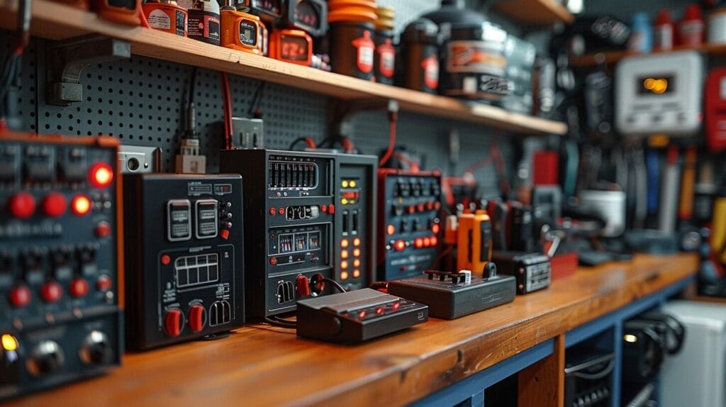 Various 6-volt battery chargers on a workbench with modern and classic designs.