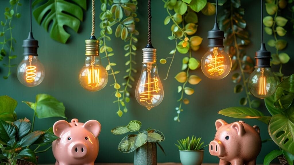 Various glowing light bulbs (incandescent, CFL, LED) with green leaves and a piggy bank symbolizing energy savings.