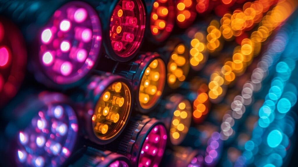 Vibrant LED lights in multiple colors against dark background.