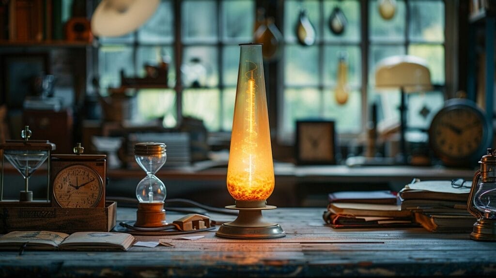 Vintage lava lamp on a wooden desk, surrounded by hourglasses and a clock, symbolizing passage of time and constant operation.