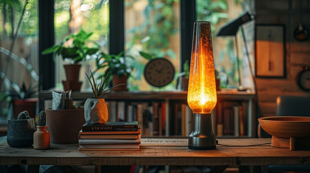Vintage lava lamp on a wooden table in a cozy room, surrounded by books and a clock, creating a warm, safe atmosphere.