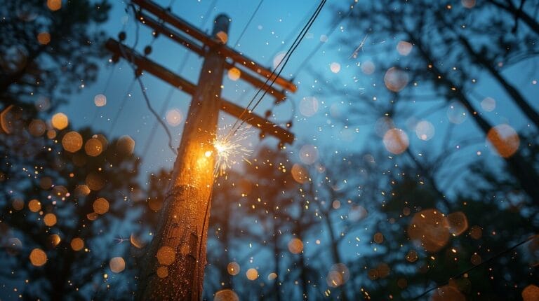 Wooden utility pole with electrical sparks.
