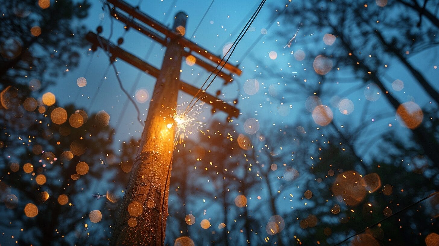 Wooden utility pole with electrical sparks.